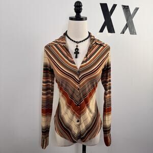 Vintage Y2K Earthy Chevron Striped V-Neck Button-Up Blouse 70s Indie Chic S